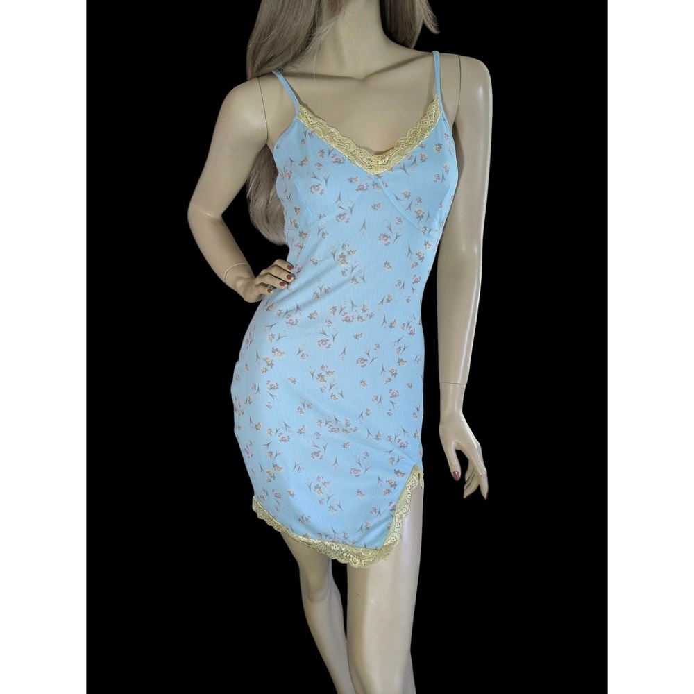 Y2k Pale Blue Floral Slip Dress Size Medium Summer‎ Mini Dress